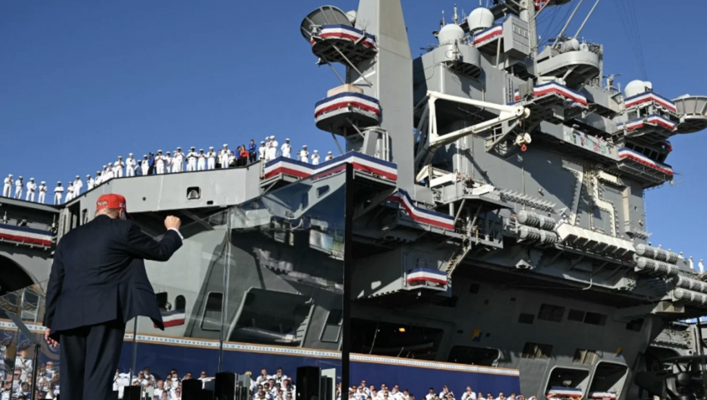 US President Donald Trump visits the USS Harry S Truman during the US Navy's 250th anniversary celebration at Naval Station Norfolk in Virginia, 5 October 2025