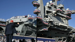 US President Donald Trump visits the USS Harry S Truman during the US Navy's 250th anniversary celebration at Naval Station Norfolk in Virginia, 5 October 2025