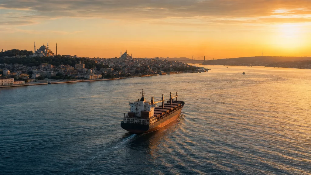 The Bosphorus at golden hour, representing Türkiye’s strategic geographic position, maritime importance, trade routes, and NATO relevance.