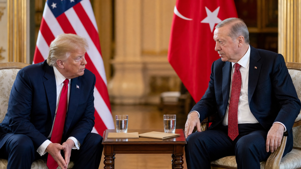 Donald Trump and Recep Tayyip Erdoğa sit opposite each other during a formal bilateral meeting, with U.S. and Turkish flags in the background. AI-generated editorial illustration