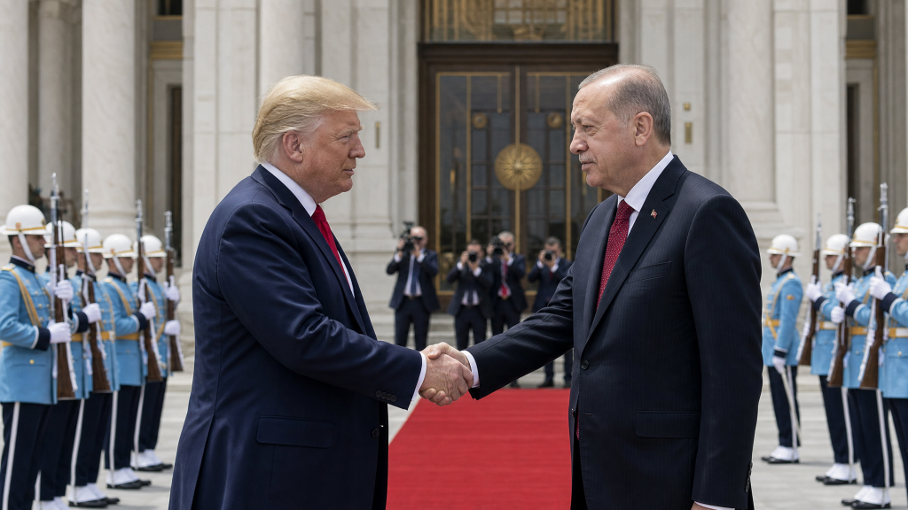 Donald Trump and Recep Tayyip Erdoğa shake hands on a red carpet outside a grand presidential complex in Ankara. - AI-generated editorial illustration