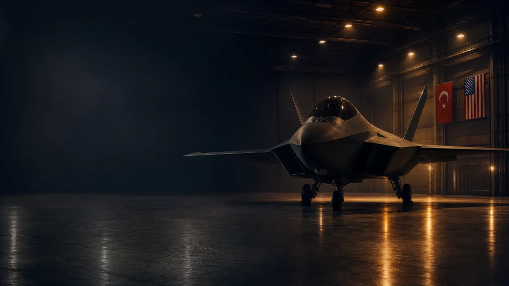 A modern fighter aircraft in a hangar, representing KAAN, F110 engines, and U.S.–Türkiye defense cooperation.