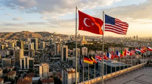 Ankara skyline at golden hour, NATO, Turkish and American flags — editorial/diplomatic feel