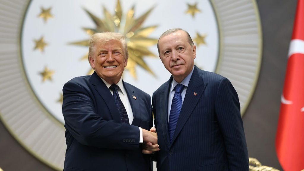 US President Donald Trump (L) and Turkish President Recep Tayyip Erdogan shake hands in Ankara on July 7, 2026. — Turkish Presidency